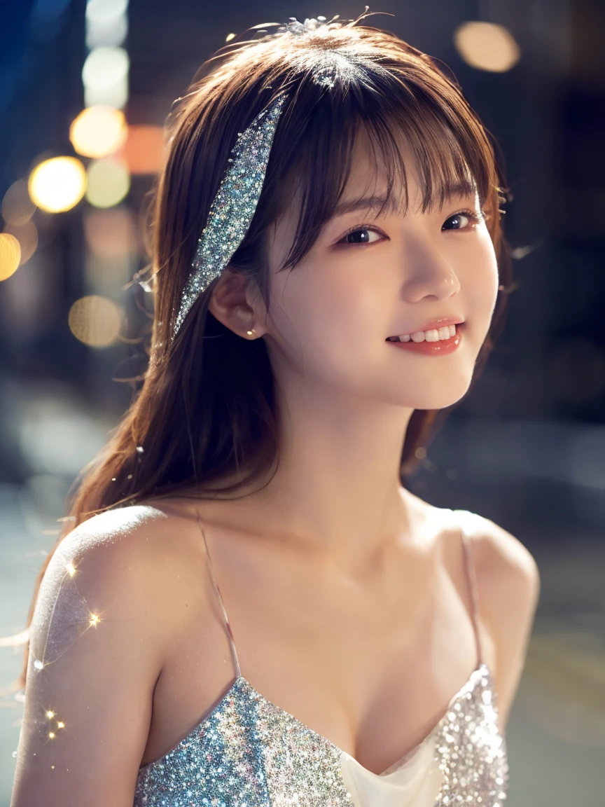 1 Girl, (Wearing a white glitter dress:1.2), (RAW Photos, Highest quality), (Realistic, Realistic:1.4), Tabletop, Very delicate and beautiful, Very detailed, 2k wallpaper, wonderful, finely, Very detailed CG Unity 8K 壁紙, Very detailedな, High resolution, Soft Light, Beautiful detailed girl, Very detailed目と顔, Beautiful and sophisticated nose, finelyて美しい目, Cinema Lighting, City lights at night, Perfect Anatomy, Slender body, smile