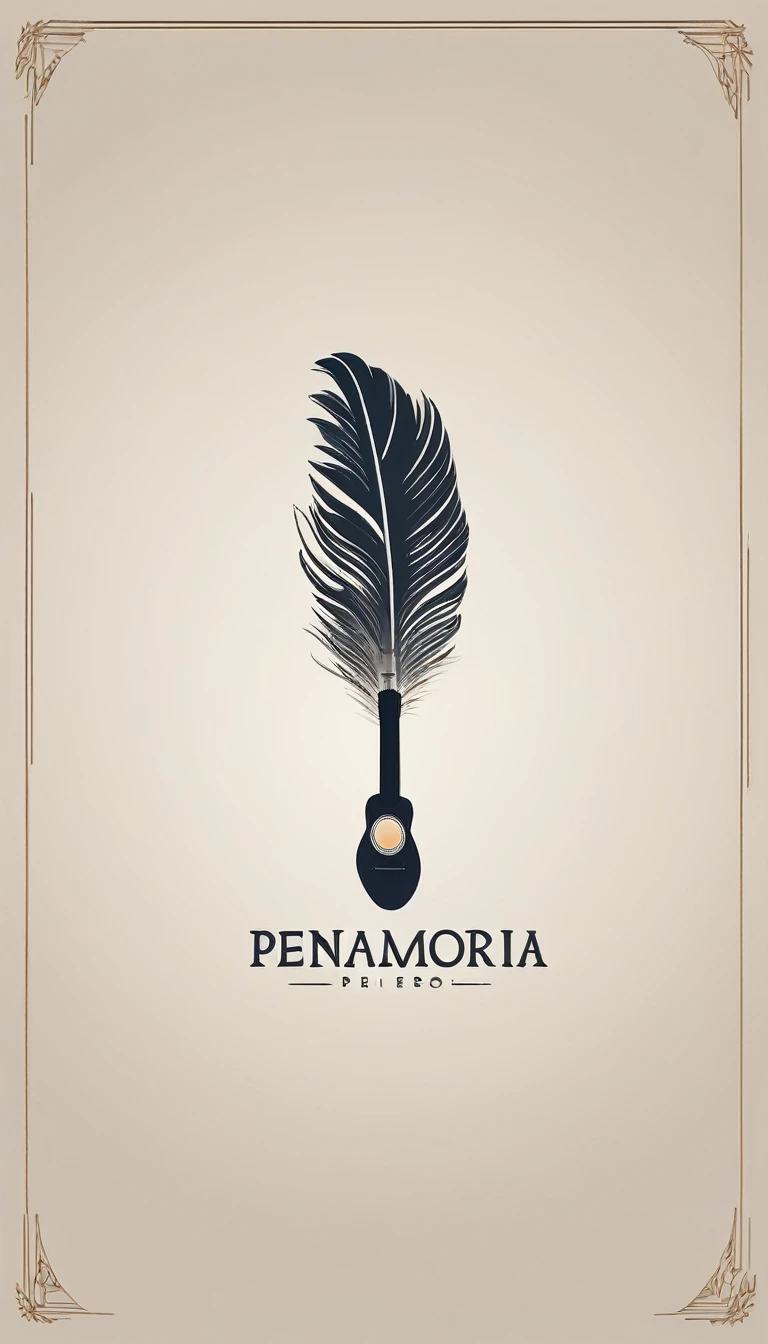 A minimal, modern, simple, cinematic logotype for the brand “Penamemoria". The logotype must be a simple, magical feather and a boy playing acoustic guitar. The logo must convey a sense of music, stories and dreams. Logo design impressed on a book cover. Minimalistic logo