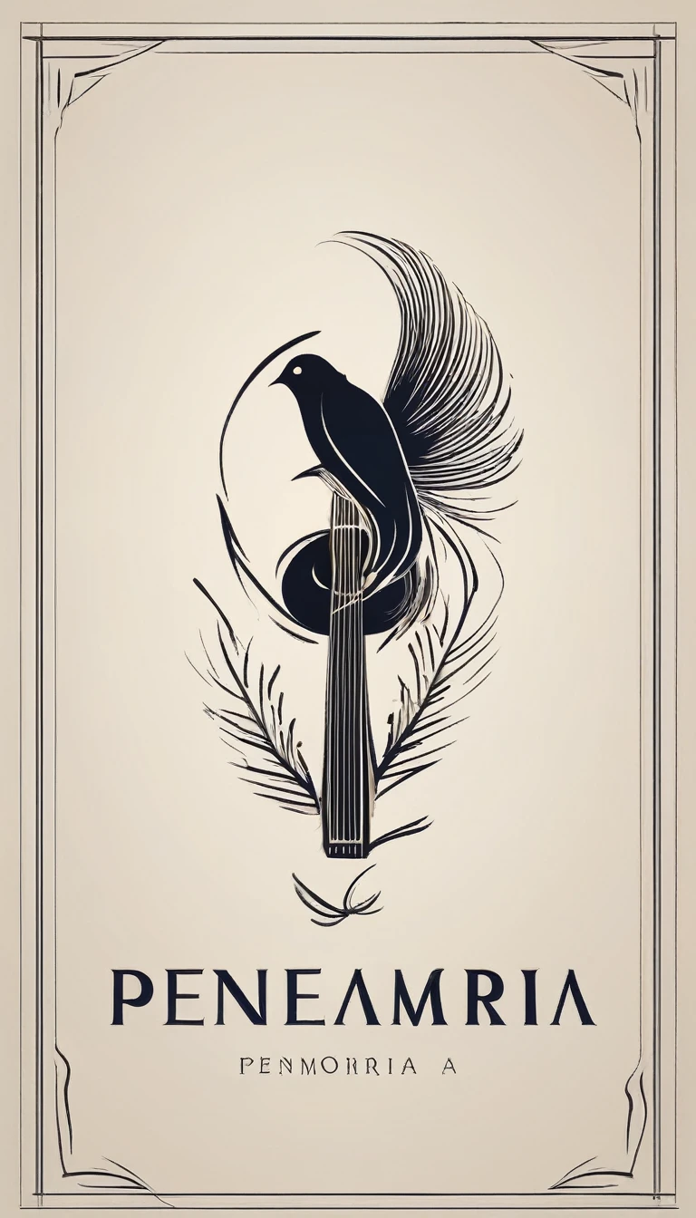 A minimal, modern, simple, cinematic logotype for the brand “Penamemoria". The logotype must be a simple, magical feather and a boy playing acoustic guitar. The logo must convey a sense of music, stories and dreams. Logo design impressed on a book cover. Minimalistic logo