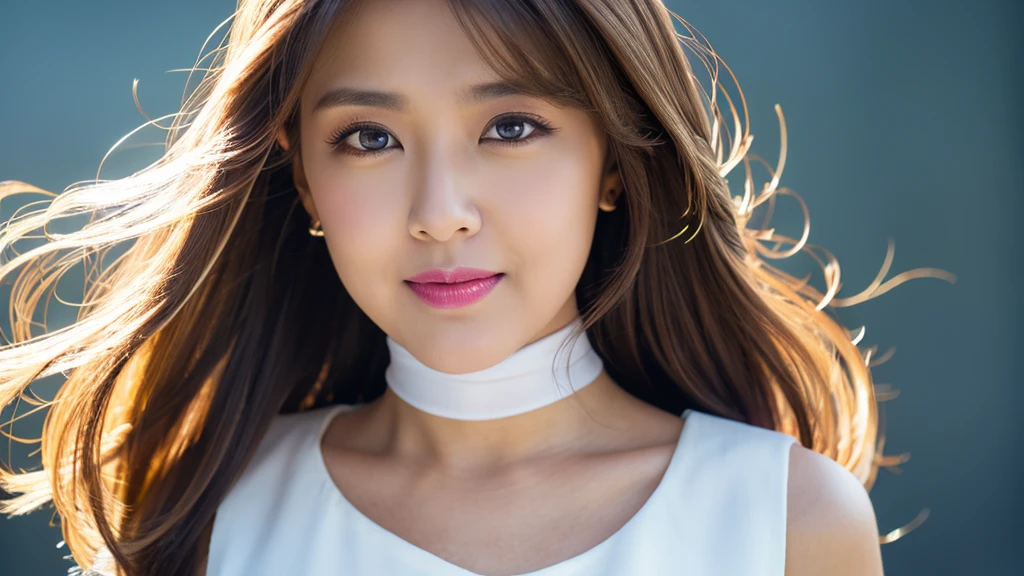 (Detailed face),vivid,chest,cute,A silky white dress with sleeveless top and turtleneck,4K,Ultra-high resolution,（Photorealistic：1.7）,Gray background,Long Hair、