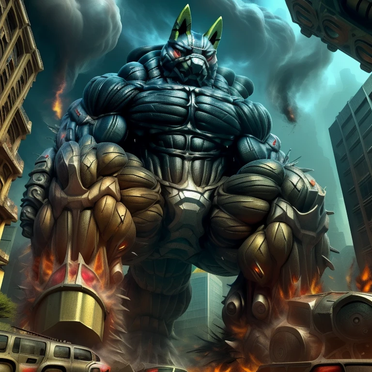 (masterpiece. official art. 8k. best quality. detailed full body. full body.)

(situation 1 : dominating Shiny_Mega_Lucario. focus GIANT mechanical Muscular Shiny_Mega_Lucario is trampling the CITY. macro. stomp. Low-angle perspective. emphasizing the immense size. The perspective is from below, emphasizing the sheer majesty and power of the Giant. giant art. He is much bigger than a skyscraper. Giga Giants. micro soccer field. looking down.)

(situation 2 :smoke and flames rising from the destruction in the city)

(Additional details 1: wearing a full-face helmet. high-tech bio-mecha armor. real texture material. whole body shines like metal. Wearing cyberpunk mecha. emphasizes the muscles. suit fully made of metal. intricate armor. Robotic suit. suit fully made of metal. cyborg. Powered exoskeleton with the same design as Shiny_Mega_Lucario).

(Additional details 2: (Detailed head. Detailed Body. Detailed abs. gigantic muscles. HYPER MUSCLES. Gigachad Muscular. big muscle. pecs. triceps. traps. unusually developed muscular body. body full of huge muscles. showing off muscles. pectorales enormes. Exaggeratedly huge muscles. huge muscles. long legs.).

