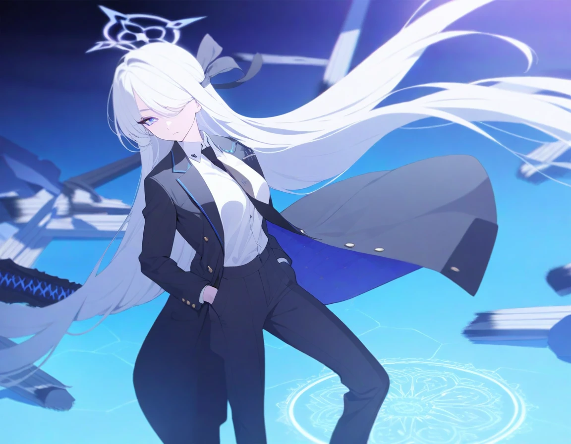 (Highest quality), (High resolution), (masterpiece), (Super detailed), (Highest quality), (High resolution), (masterpiece), (Super detailed), (Bright saturation), Thigh-length hair, White Hair, Heterogeneous eyes: purple left eye and blue right eye, Blue Archive Art Style, One girl, Swinging a black sword in his right hand, Left hand in pocket,  girl, (Black long coat, White shirt, Black tie, Black trousers, suit,) whole body, Countless swords of light are stuck in the ground., Magic circle in the background, Expressionless, Vivid saturation, Black halo