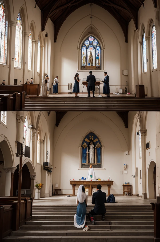 inside a circle place on the left side 1 man and a woman receiving the Eucharist in a Catholic church and on the right side a woman and a man washing the feet of two people with worn pants and shoes