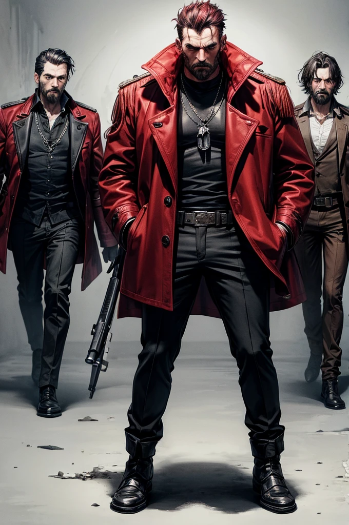 group of rugged and rough-looking gangsters dark atmosphere, red coats