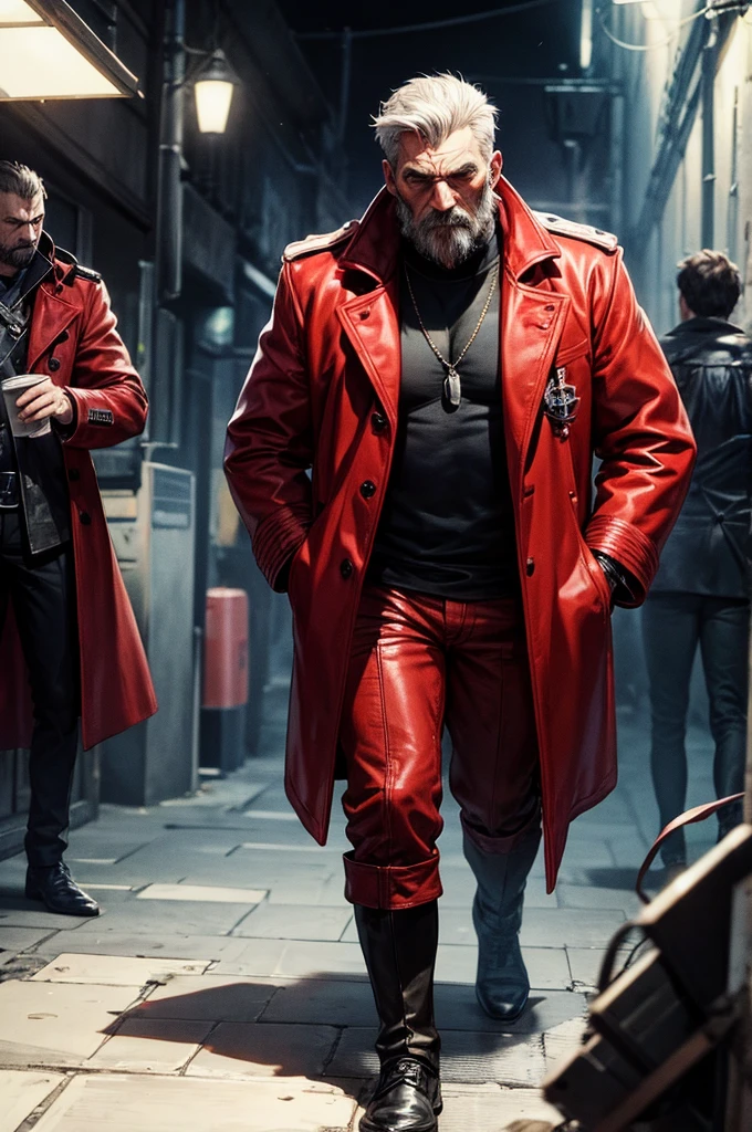 group of rugged and rough-looking gangsters dark atmosphere, red coats