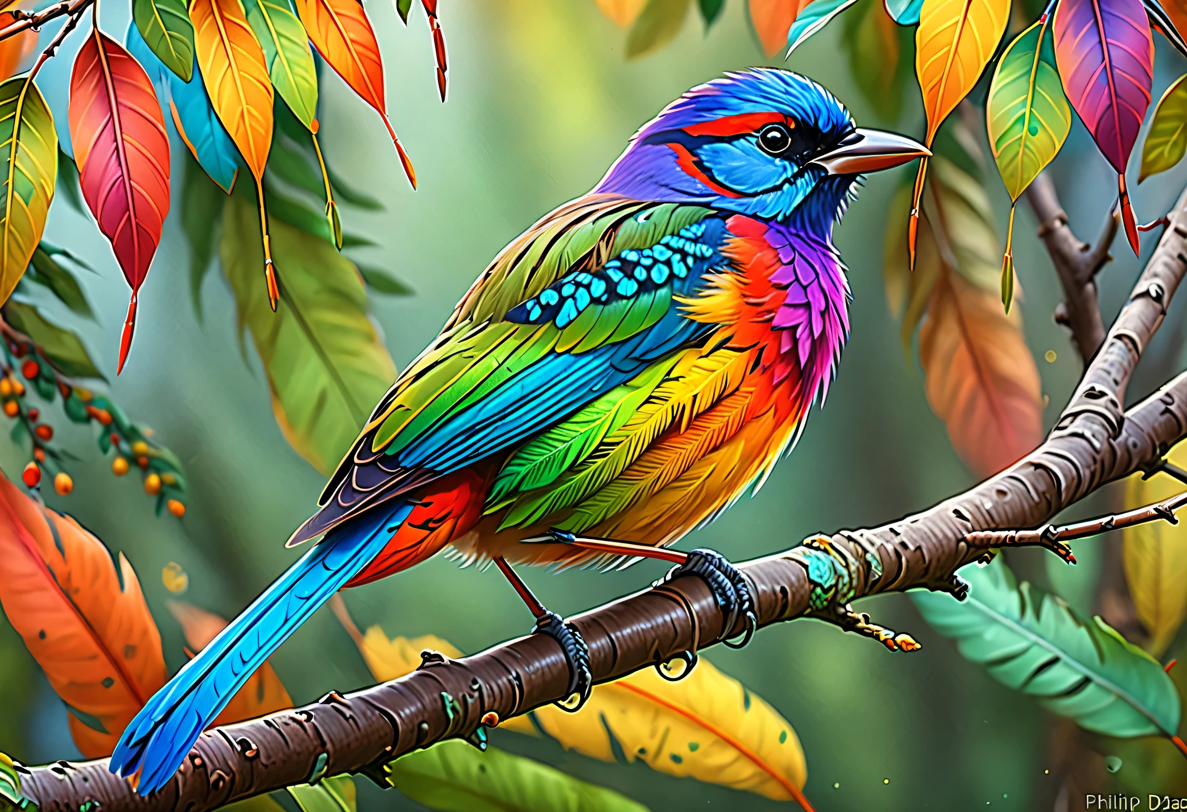 A brightly colored bird perched on a branch with leaves in the background, Digital Painting by Philip Hodas, Shutterstock, Fantasy art, Colorful 8 k, Long colorful bird, Colorful HD images, Beautiful and colorful, Highly detailed digital art in 4K, Vibrant and realistic colors, Colorful feathers, Painted in bright watercolors, Beautiful digital painting