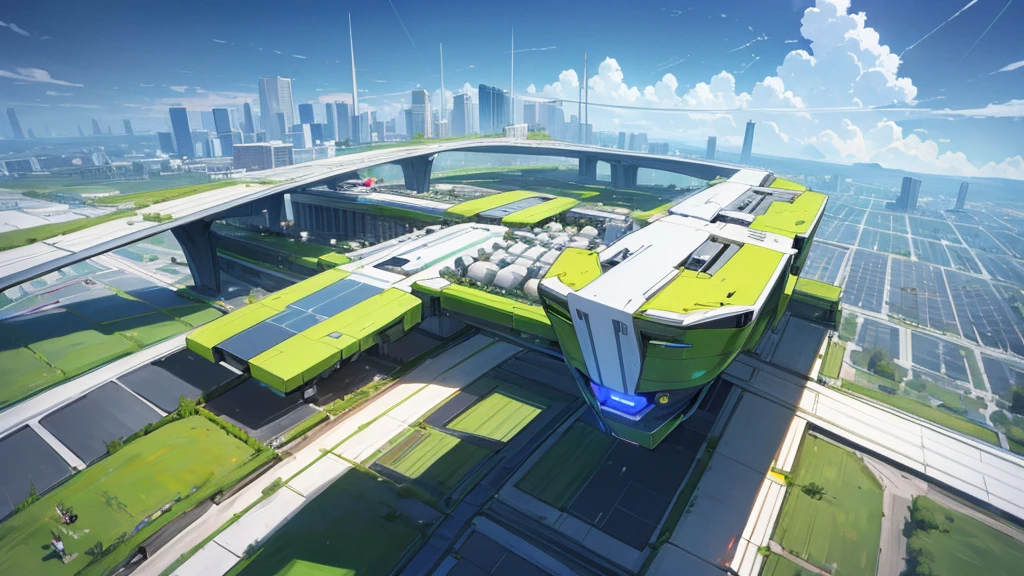 A futuristic design of an eco-friendly city showcasing advanced renewable energy technologies, green rooftops, and autonomous electric cars