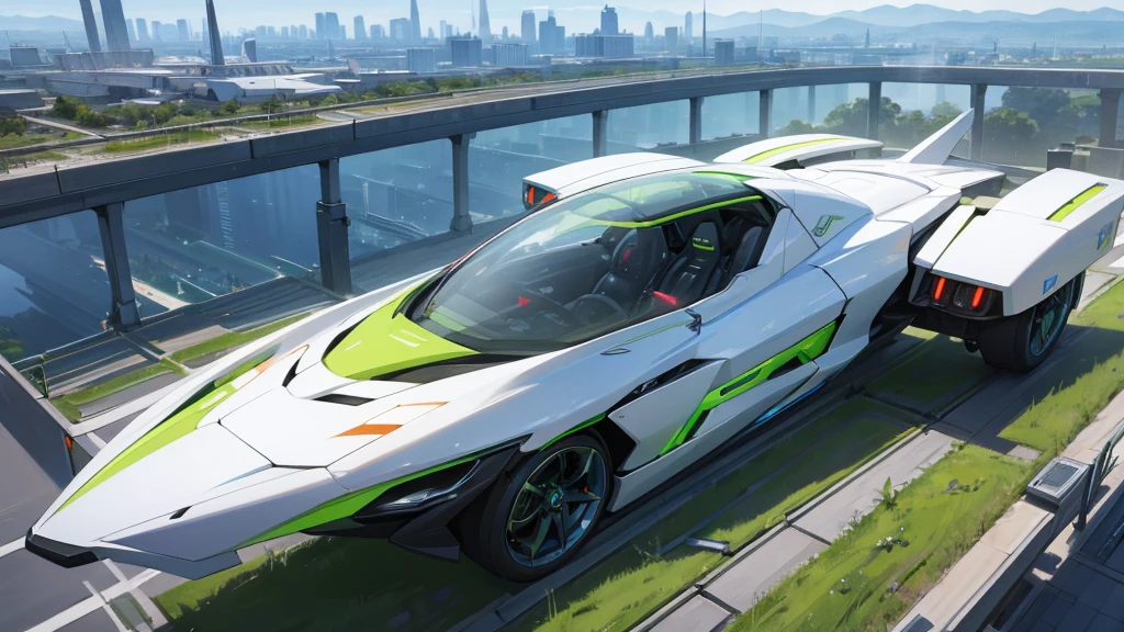 A futuristic design of an eco-friendly city showcasing advanced renewable energy technologies, green rooftops, and autonomous electric cars