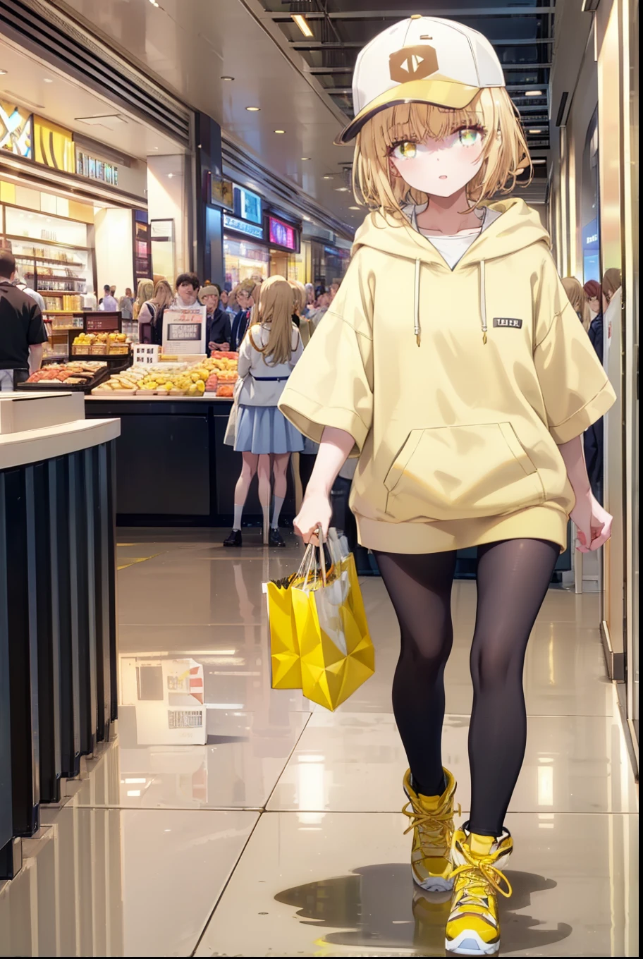 mahirushiina, Mahiru Shiina, bangs, Blonde, Brown Hair, (Yellow Eyes:1.3), smile,Open your mouth,Baseball cap,Oversized yellow hoodie,Short sleeve,mini skirt,black tights,short boots,Walking,Clear skies,Daytime,
break indoors,Shopping mall,
break looking at viewer, whole body,
break (masterpiece:1.2), Highest quality, High resolution, unity 8k wallpaper, (shape:0.8), (Fine and beautiful eyes:1.6), Highly detailed face, Perfect lighting, Highly detailed CG, (Perfect hands, Perfect Anatomy),