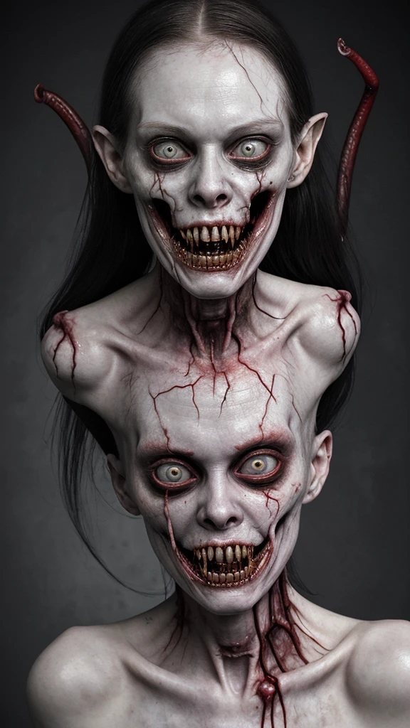 She is possessed by Lucifer himself. Her face is pale. Her infected wounds have an open chest. Distorted and terrifying facial expression., with a macabre smile from ear to ear,
Erratic body movements, contorted and supernatural Pale skin, emaciated or sickly looking gore, Snap, dismemberments, royal adventures