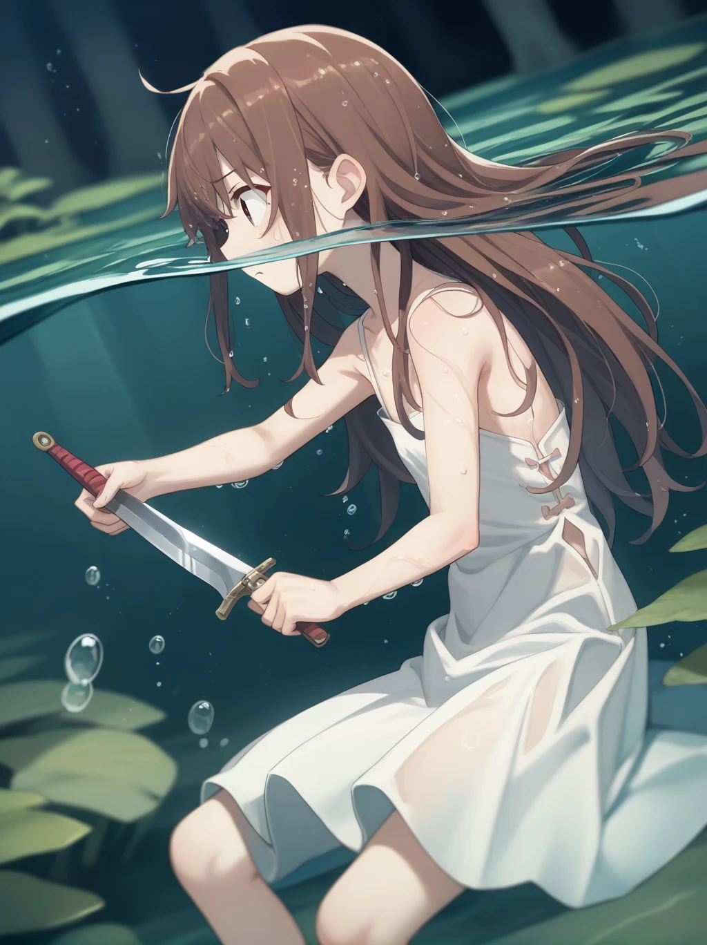 partially underwater,
One Girl, Long Hair, Brown Hair, Wet Hair,
White Dress, Swamp,
Dark Background, Blurred Edges,8-year-old、Adventurer、Flat Chest、Pitch-dark underground labyrinth、No light、skirt、Equipped with a dagger and a shield、Above the neck above the water、Body in water, Underwater Photography、浮力でskirt捲れる