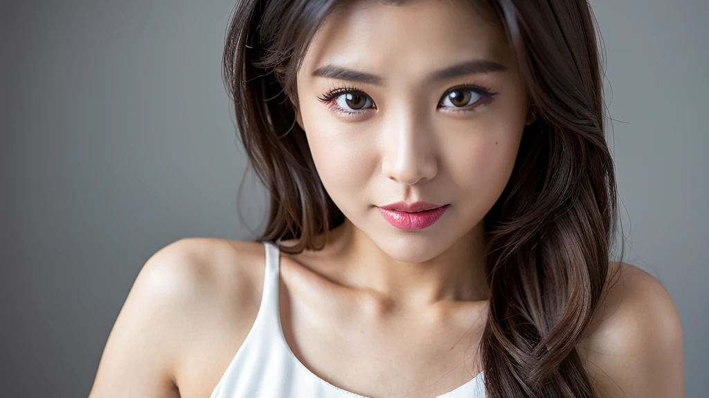 (Detailed face),vivid,chest,cute,A silky white dress with sleeveless top and turtleneck,4K,Ultra-high resolution,(Photorealistic:1.7),Gray background,Long Hair、