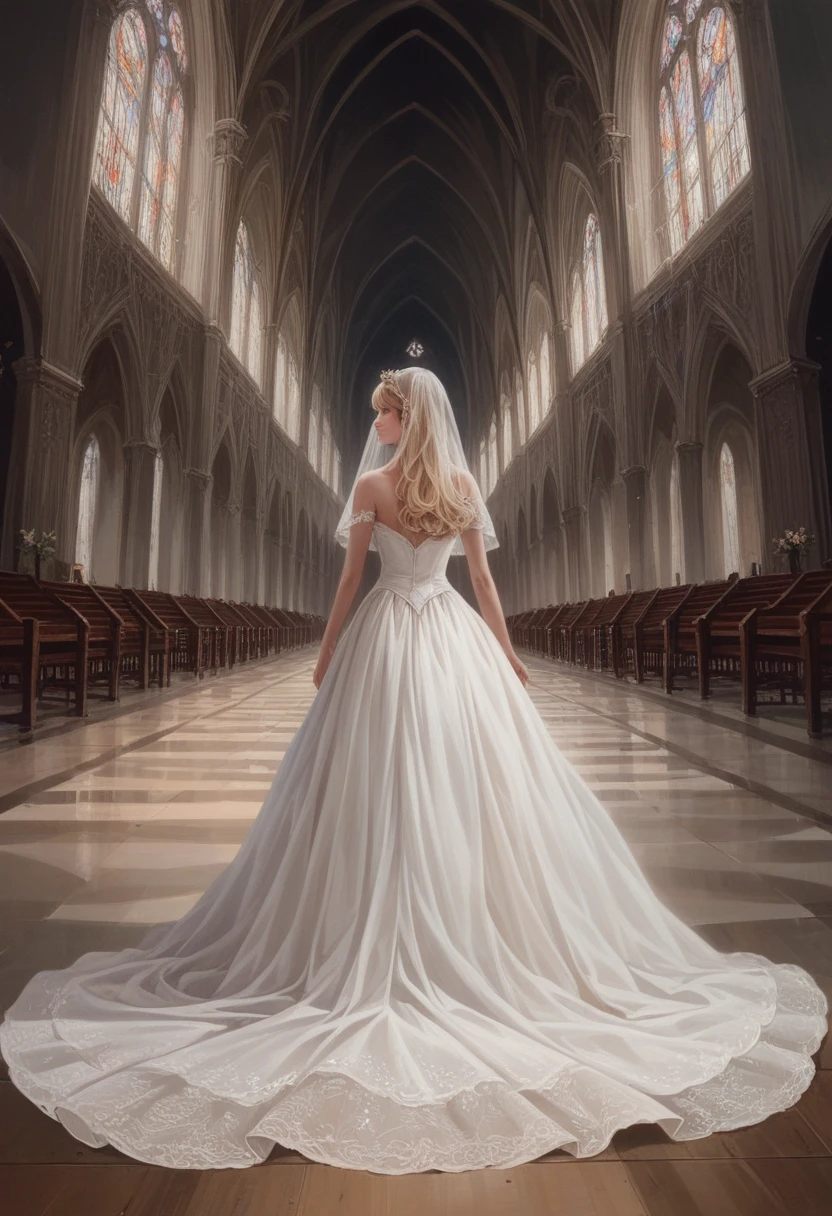 middle distance hyperrealistic art cinematic film still lower angle photography in the style of detailed hyperrealism photoshoot . (beautiful wedding dress walking towards) Extremely high-resolution details, photographic, realism pushed to extreme, fine texture, incredibly, very tall blonde woman in cathedral
