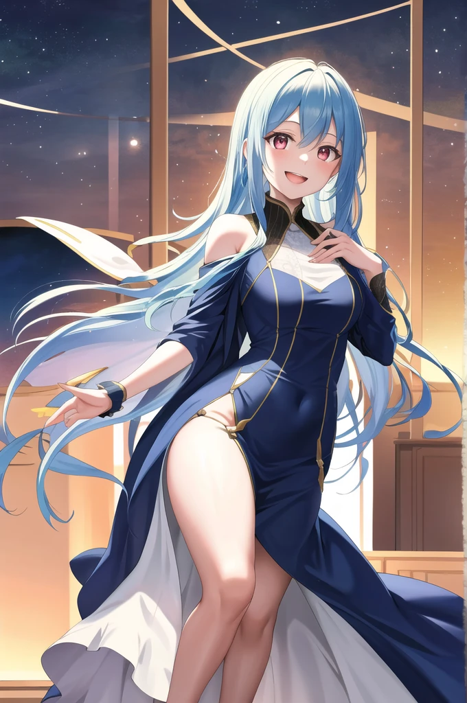 masterpiece, best quality, highres, rimuru tempest, blue hair, long hair, medium breasts, RED EYES, an adult girl, long hairs falling over her shoulders, decorated with a very elegant and very long navy blue dress for a gala dinner with a cut that allows her to show her leg, wears beautiful evening makeup, smiling, full body image, kind and generous nature, happy, blush, shy, smile, open mouth,