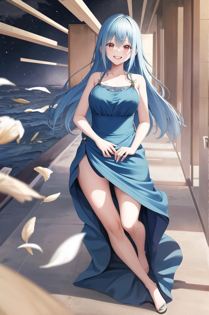 masterpiece, best quality, highres, rimuru tempest, blue hair, long hair, medium breasts, RED EYES, an adult girl, long hairs falling over her shoulders, decorated with a very elegant and very long navy blue dress for a gala dinner with a cut that allows her to show her leg, wears beautiful evening makeup, smiling, full body image, kind and generous nature, happy, blush, shy, smile, open mouth,