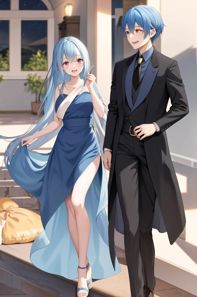 masterpiece, best quality, highres, rimuru tempest, blue hair, long hair, medium breasts, RED EYES, an adult girl, long hairs falling over her shoulders, decorated with a very elegant and very long navy blue dress for a gala dinner with a cut that allows her to show her leg, wears beautiful evening makeup, smiling, full body image, kind and generous nature, happy, blush, shy, smile, open mouth,