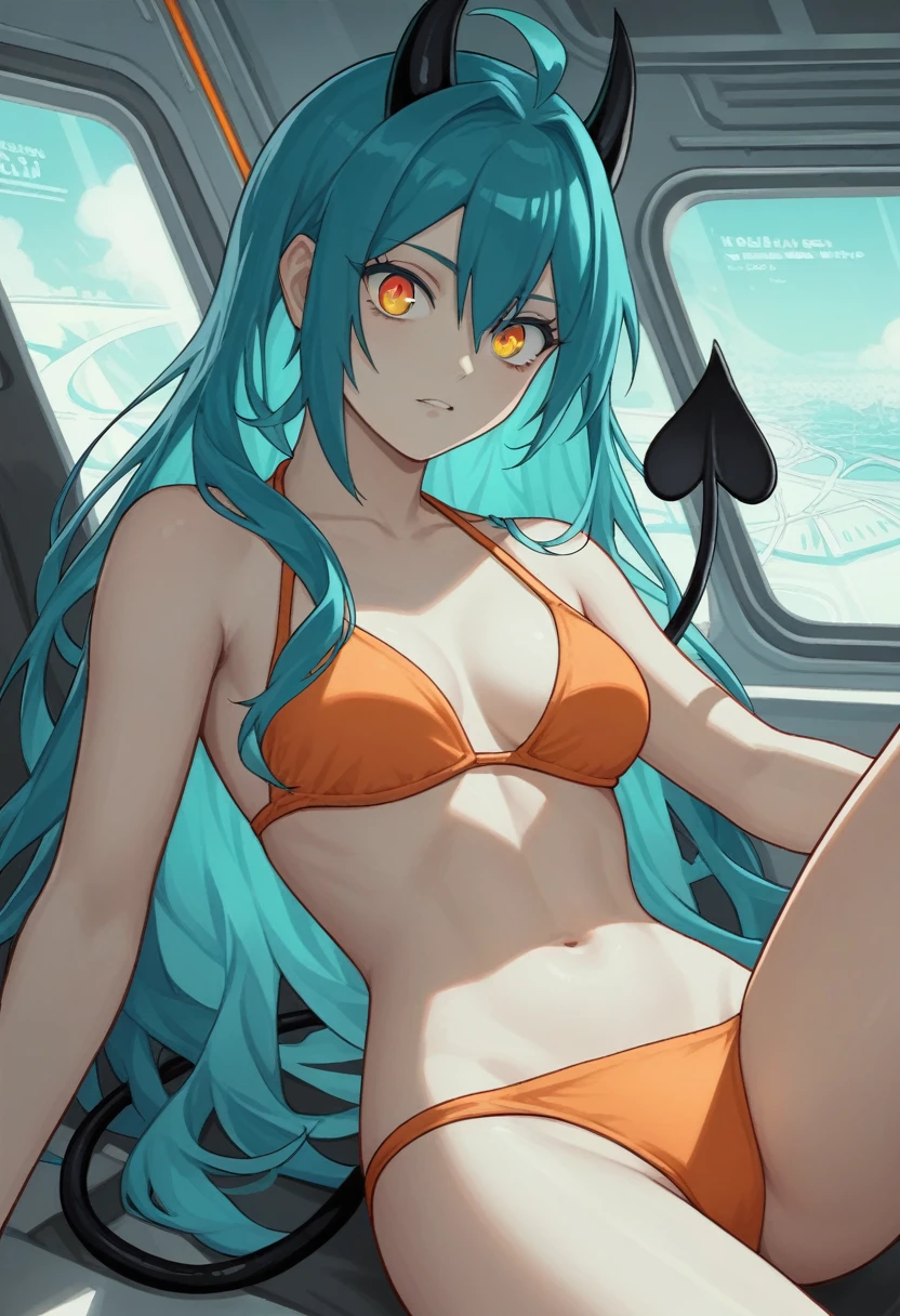 score_9, score_8_up, score_7_up,1 daemon woman, black demon horns, black demon tail, (aquamarine hair),aquamarine green color hair,ahoge, long hair, (long hair),bangs, light orange bikini, bikini is orange, bikini orange, orange bikini!, (aquamarine eyes), background is spaceship, aquamarine eyes, 1woman ,facing viewer, daemon girl, close up,Well-endowed, alone, Spacecraft interior