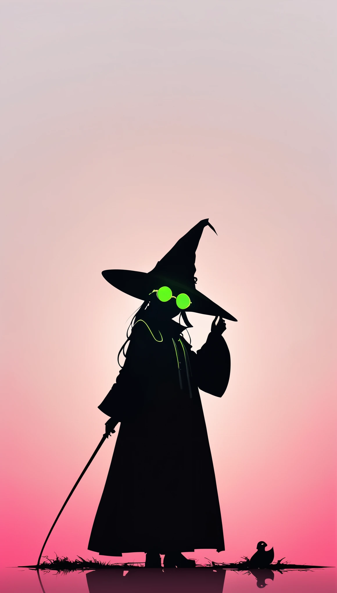 Liu Ye style,1 little girl,Lolita figure,Loose hip-hop clothing,Giant wide-brimmed wizard hat,plague_doctor_mask,(((Neon round sunglasses))),Can't see the eyes,Silhouette,大面积blank,Minimalist composition,blank,White background,Chinese ink style