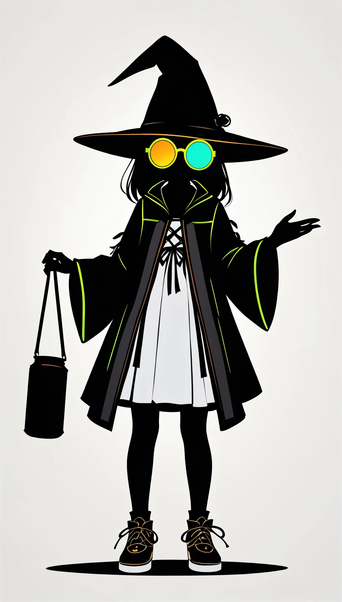 Liu Ye style，1 little girl，Lolita figure，Loose hip-hop clothing，Giant wide-brimmed wizard hat，plague_doctor_mask,(((Neon round sunglasses)))，Can't see the eyes，Silhouette，大面积blank，Minimalist composition，blank，White background，Chinese ink style