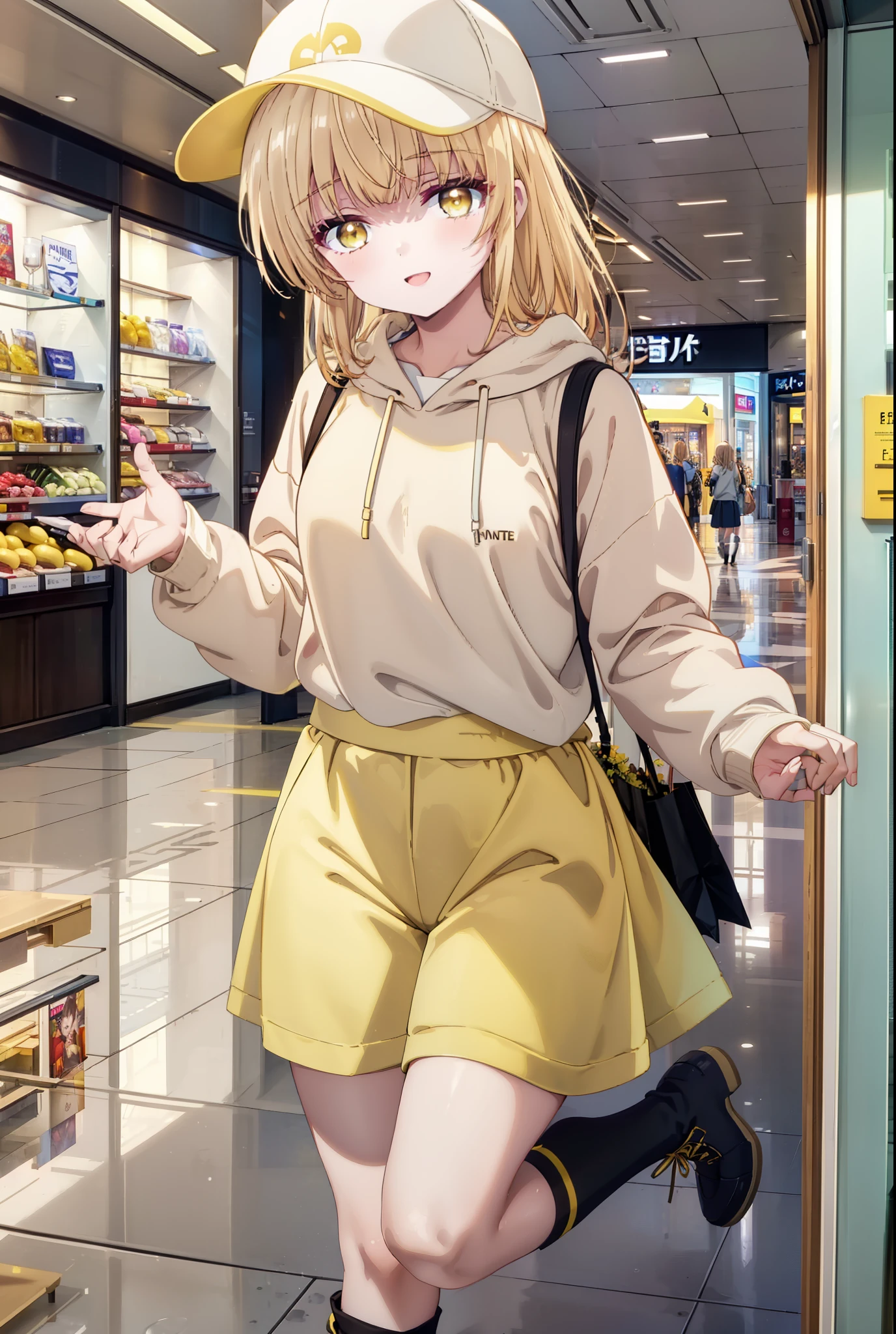 mahirushiina, Mahiru Shiina, bangs, Blonde, Brown Hair, (Yellow Eyes:1.3), happy smile, smile, Open your mouth,Open your mouth,Baseball cap,Oversized yellow hoodie,Short sleeve,mini skirt,black tights,short boots,Walking,Clear skies,Daytime,
break indoors,Shopping mall,
break looking at viewer, whole body,
break (masterpiece:1.2), Highest quality, High resolution, unity 8k wallpaper, (shape:0.8), (Fine and beautiful eyes:1.6), Highly detailed face, Perfect lighting, Highly detailed CG, (Perfect hands, Perfect Anatomy),