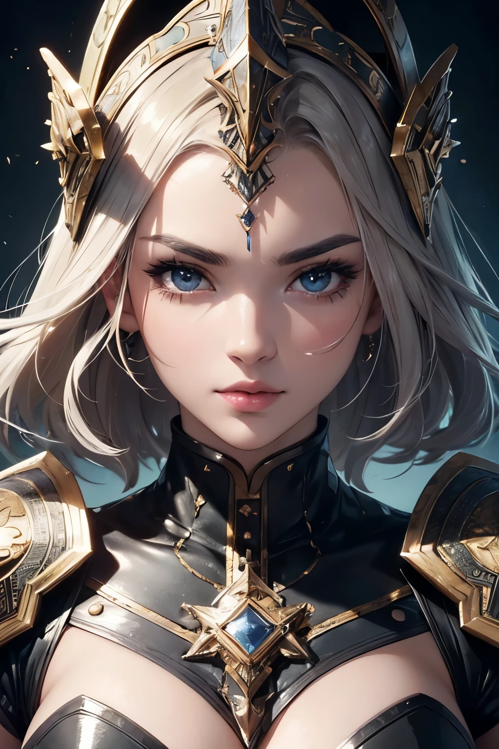 (Masterpiece: 1.3), (Max resolution: 1.2), (Ultra HDTV: 1.2), cinematographic light, 8K resolution, Detailed armor and textures, intricate helmet design, meticulous facial features, (Sharp Focus: 1.2), (Focus on Face:1.2), Perfect Style, Strong and noble visage, accurate, Anatomically correct, Highly detailed face and skin texture, Detailed eyes, Figurative eyebrows, Glitter Eyeliner: 1 Natural cheeks, Rugged skin, Fair complexion: 1.2, (Glossy lips: 1.4), (Confident glance