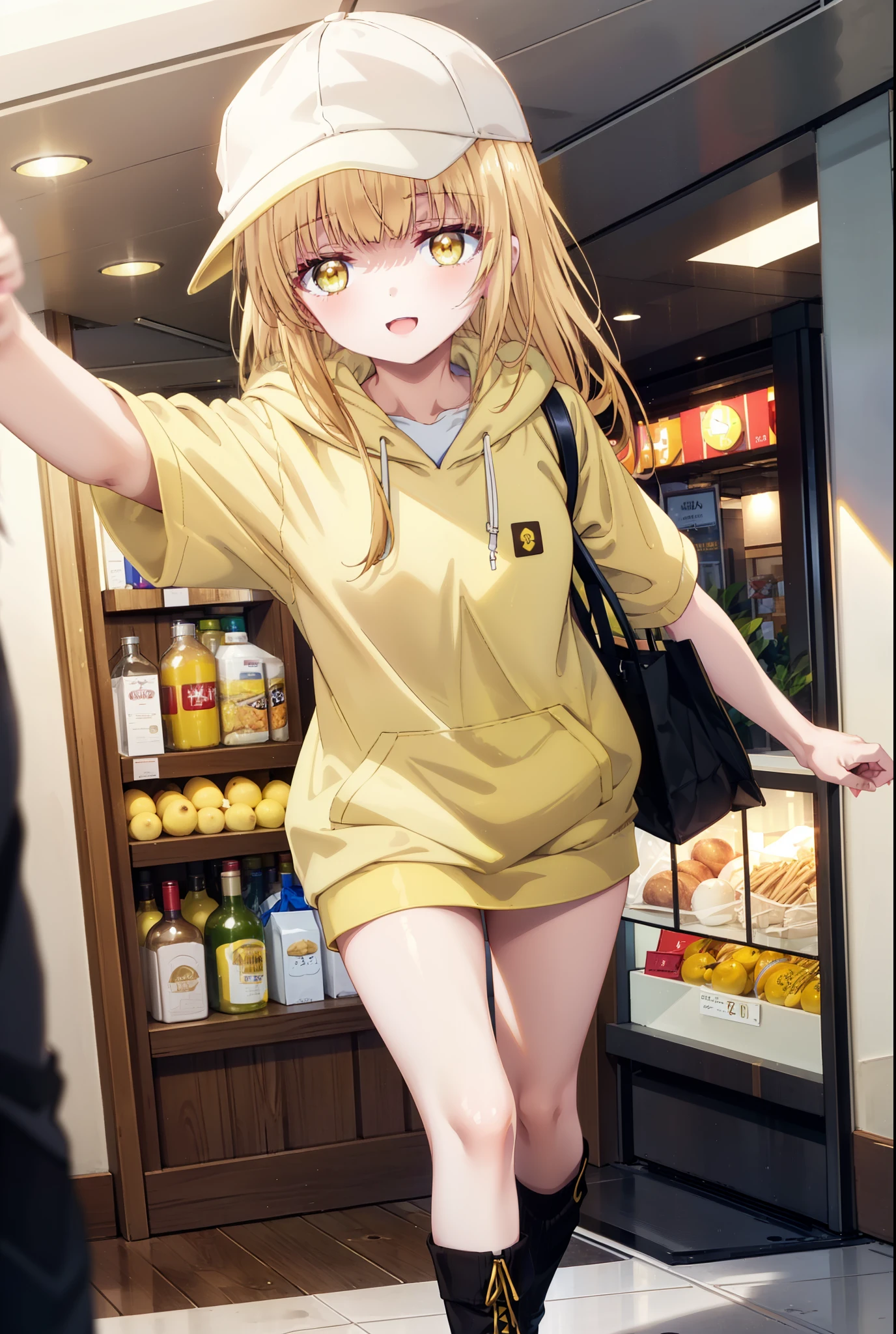 mahirushiina, Mahiru Shiina, bangs, Blonde, Brown Hair, (Yellow Eyes:1.3), happy smile, smile, Open your mouth,Open your mouth,Baseball cap,Oversized yellow hoodie,Short sleeve,mini skirt,black tights,short boots,Walking,Clear skies,Daytime,
break indoors,Shopping mall,
break looking at viewer, whole body,
break (masterpiece:1.2), Highest quality, High resolution, unity 8k wallpaper, (shape:0.8), (Fine and beautiful eyes:1.6), Highly detailed face, Perfect lighting, Highly detailed CG, (Perfect hands, Perfect Anatomy),