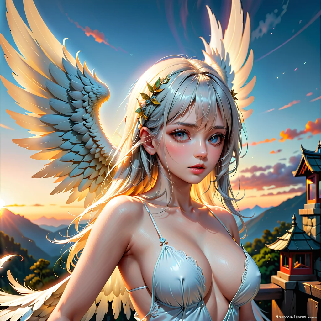 (half body image: 2.0), a young and beautiful angel, clad in white sheer clothing with ideal proportions, short white hair, and translucent skin, descending from a very beautiful sunset sky, (large angel wings spread:1.5), (best quality,4k,8k,highres,masterpiece:1.2),ultra-detailed,(realistic,photorealistic,photo-realistic:1.37),HDR,UHD,studio lighting,ultra-fine painting,sharp focus,physically-based rendering,extreme detail description,professional,vivid colors,bokeh,digital art,fantasy,highly detailed,cinematic lighting,dramatic lighting,dramatic composition