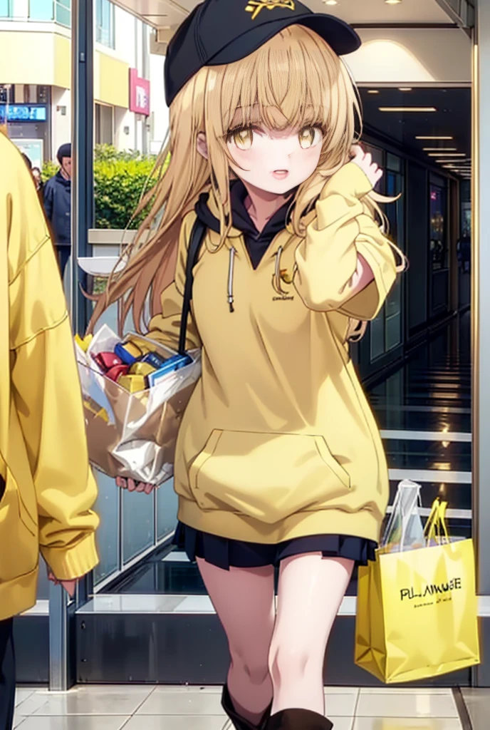 mahirushiina, Mahiru Shiina, bangs, Blonde, Brown Hair, (Yellow Eyes:1.3), happy smile, smile, Open your mouth,Open your mouth,Baseball cap,Oversized yellow hoodie,Short sleeve,mini skirt,black tights,short boots,Walking,Clear skies,Daytime,
break indoors,Shopping mall,
break looking at viewer, whole body,
break (masterpiece:1.2), Highest quality, High resolution, unity 8k wallpaper, (shape:0.8), (Fine and beautiful eyes:1.6), Highly detailed face, Perfect lighting, Highly detailed CG, (Perfect hands, Perfect Anatomy),