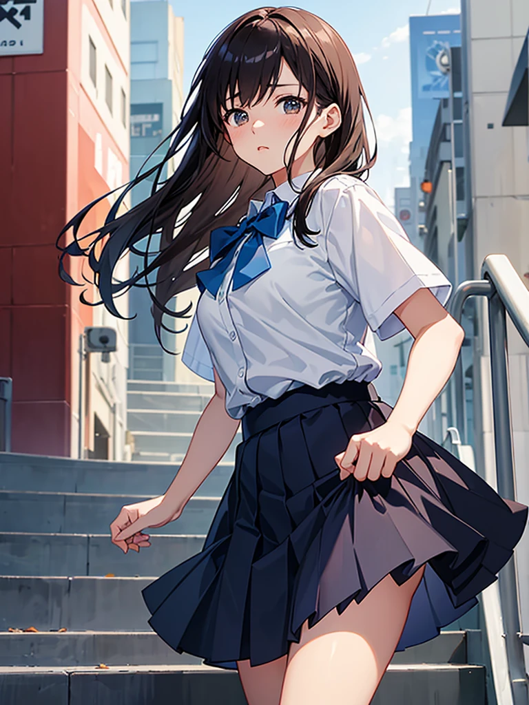 master piece, extremely detailed, high resolution,Makoto Shinkai style、high school girl、1 girl、Upper body only、Short-sleeved shirt、Blue bow tie、Glossy, plump lips、Shiny Hair、Brown Hair、Long Straight Hair、Mid-chest、Narrow waist、Checkered mini skirt、Climbing an escalator、Backwards、Looking up from below、Skirt is held back、Panties are visible under the skirt、Embarrassed look、Looking at me shyly、Red cheeks、
