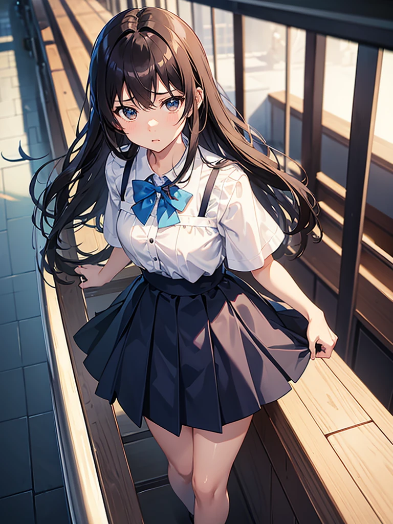 master piece, extremely detailed, high resolution,Makoto Shinkai style、high school girl、1 girl、Upper body only、Short-sleeved shirt、Blue bow tie、Glossy, plump lips、Shiny Hair、Brown Hair、Long Straight Hair、Mid-chest、Narrow waist、Checkered mini skirt、Climbing an escalator、Backwards、Looking up from below、Skirt is held back、Panties are visible under the skirt、Embarrassed look、Looking at me shyly、Red cheeks、