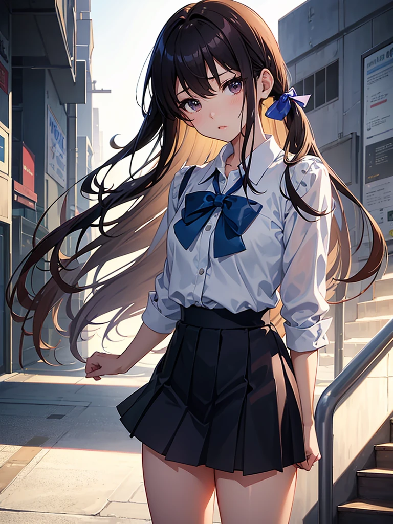 master piece, extremely detailed, high resolution,Makoto Shinkai style、high school girl、1 girl、Upper body only、Short-sleeved shirt、Blue bow tie、Glossy, plump lips、Shiny Hair、Brown Hair、Long Straight Hair、Mid-chest、Narrow waist、Checkered mini skirt、Climbing an escalator、Backwards、Looking up from below、Skirt is held back、Panties are visible under the skirt、Embarrassed look、Looking at me shyly、Red cheeks、