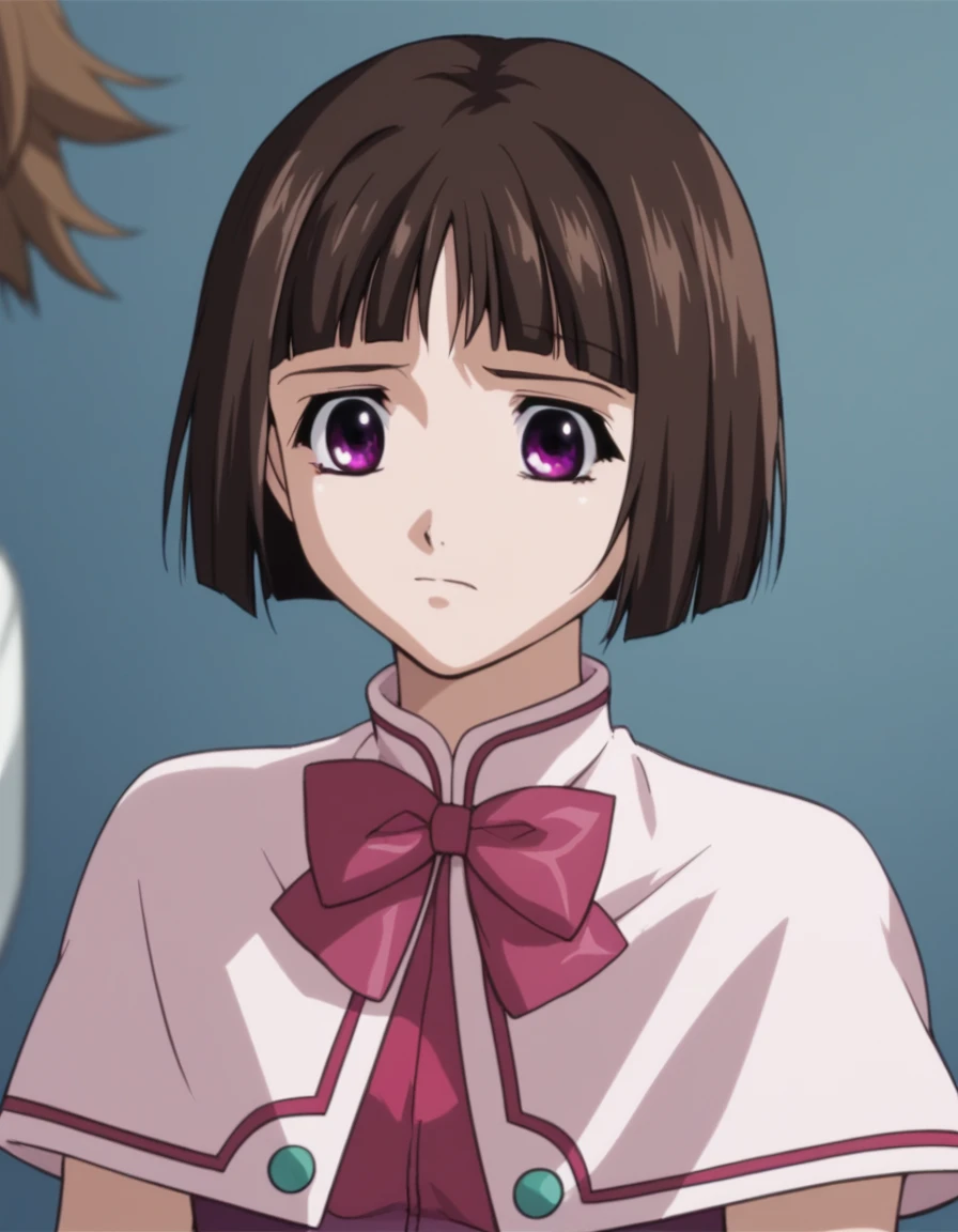 Yukari Sendou, short hair, purple eyes, bangs, blunt bangs, brown hair,