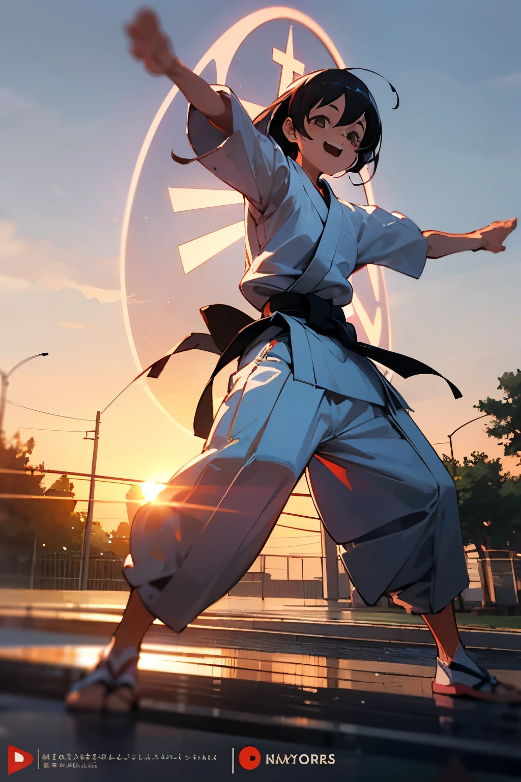 in the center of the park in 3d letters the word "SEIREIDO" In the sunset. In the background some happy children practicing karate, In the background a red circle inside another larger white color in anime