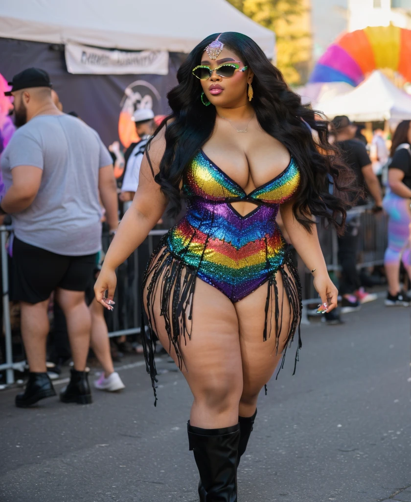 araffe dressed in a rainbow dress and black boots walking down the street, bold rave outfit, rave outfit, beautiful thick female, gorgeous woman, wild rave outfit, nicki minaj curvy, voluptuous body, pride parade, lizzo, stunning woman, cute rave outfit, thick body, intricate outfit, curvy body, gorgeous lady, curvy hourglass figure
