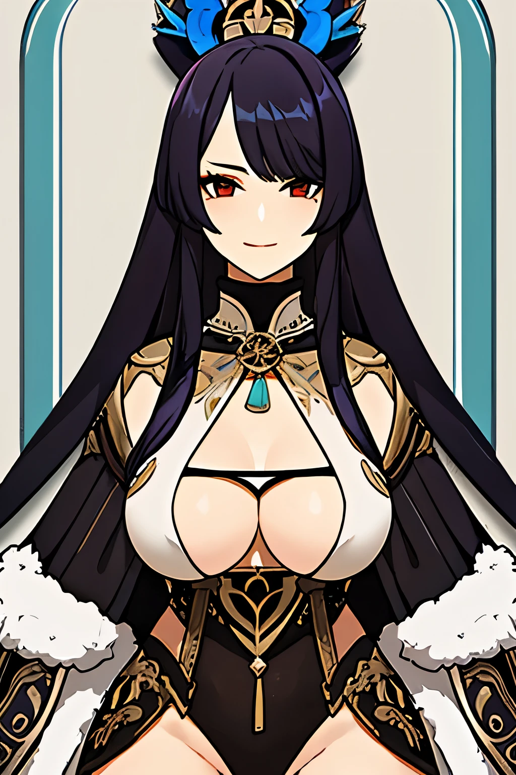 [A beautiful, mature woman with a seductive smile and parted lips stands against a white background. Pele levemente bronzeada, She has sharp eyelashes, brown eyes, and long black hair with bangs. Her figure is voluptuous, with a narrow waist, broad hips, and huge breasts. The image has an impactful, Genshin-inspired style, rendered in high detail and HDR quality as a stunning work of art.]