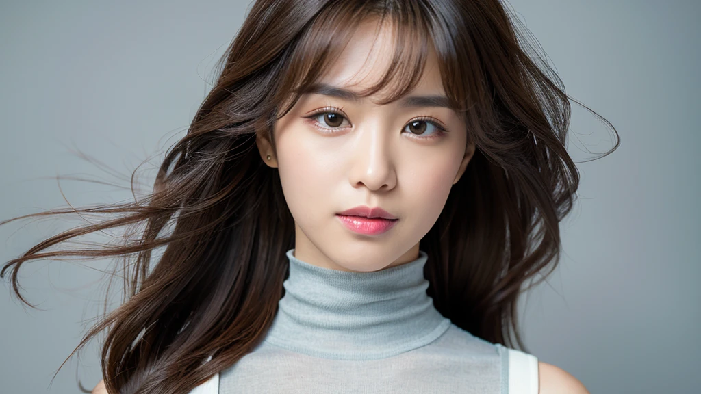 (Detailed face),vivid,chest,cute,Sleeveless and(turtleneck)White silky clothes,4K,Ultra-high resolution,(Photorealistic:1.7),Gray background,Long Hair、