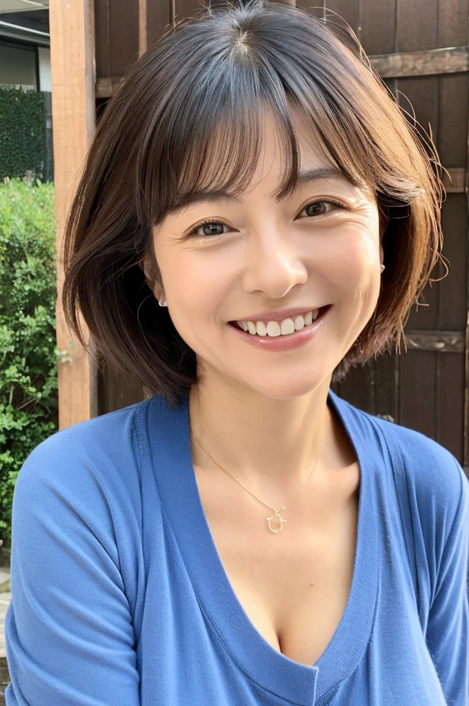 48 years old Big Breasts woman A kind smile Big eyes Front teeth Short Bob Hair Japanese classmate