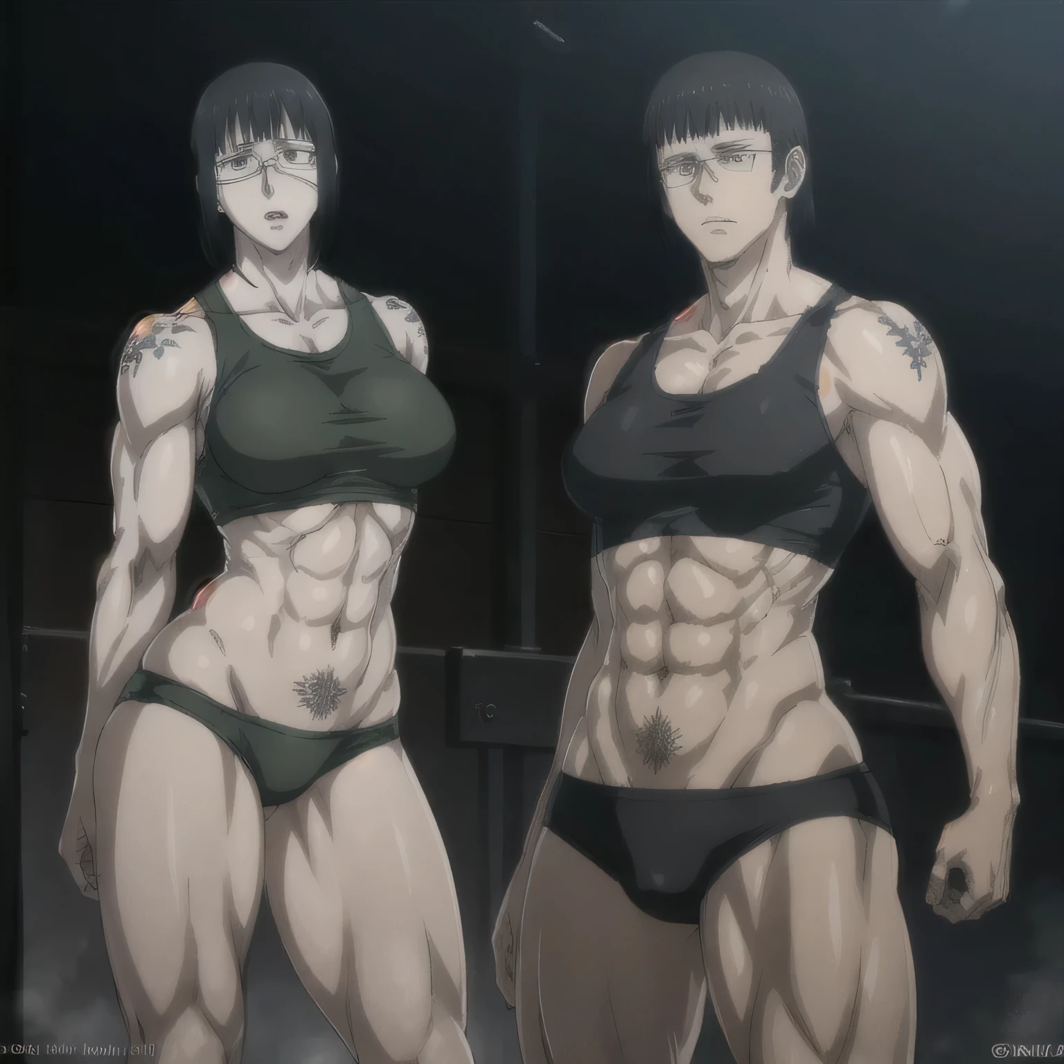 (best quality,ultra-detailed,realistic:1.37),musclaur military badass girl with sculpted body have a tattoos,wearing male underwear and tank top, full review of the female character's face and body, intense expression, strong and confident posture, studio lighting, vivid colors, physiologically-based rendering, grungy texture, rugged background, dust particles in the air, commanding presence, professional, powerful, gritty aesthetics,,Valmet،short hair,eyepatch,back from gym,Sweat,training,workout pose,Shining arms muscles,veins in muscles,