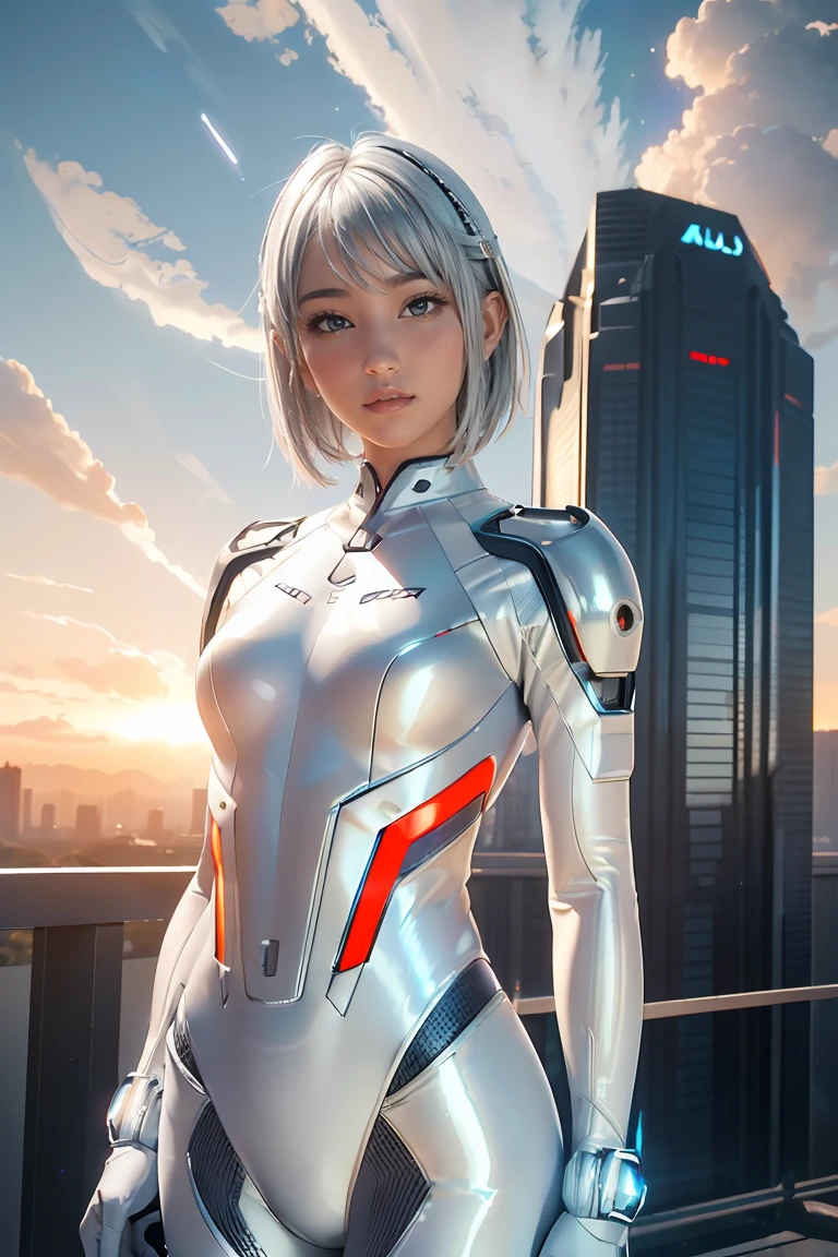 ((masterpiece, best quality, extremely detailed), volumetric lighting, ambient occlusion, colorful, glowing), 
1girl, solo, young girl, (silver hair), short hair, halo, aura, sacred, goddess, cyber suit, (white outfit:1.3), 
outdoors, sunset, sky, clouds, space, (cyberpunk theme:1.2),