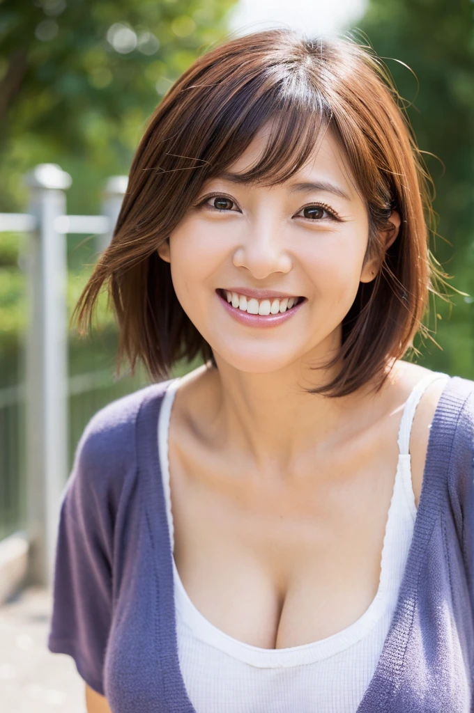 48 years old Big Breasts woman A kind smile Big eyes Front teeth Short Bob Hair Japanese classmate