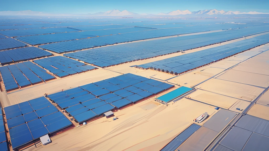 A sprawling solar farm in a desert setting, with rows of solar panels gleaming under a clear blue sky and distant mountains.
