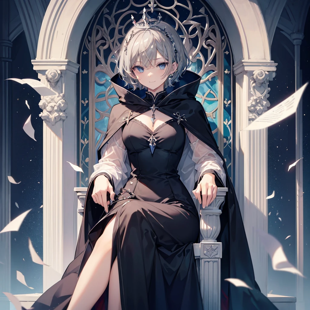 ((((Queen　Sitting on the throne))))　(((Gray Hair　short hair　blue eyes　woman　Center close-up)))，((Stained glass　tiara　Rest your elbows))，(Black Dress　Wearing a cloak)，smile　Showing teeth　Shining Background　Shining Edges