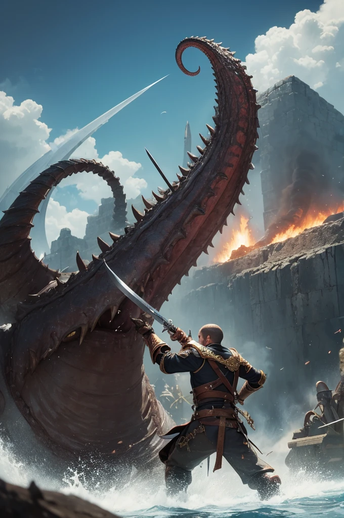A fierce battle ensued. Swords flashed, cannons thundered, and the smell of gunpowder and salt mingled in the air. Drake climbed a tentacle, driving his blade into the monster's flesh, while his men fought valiantly.