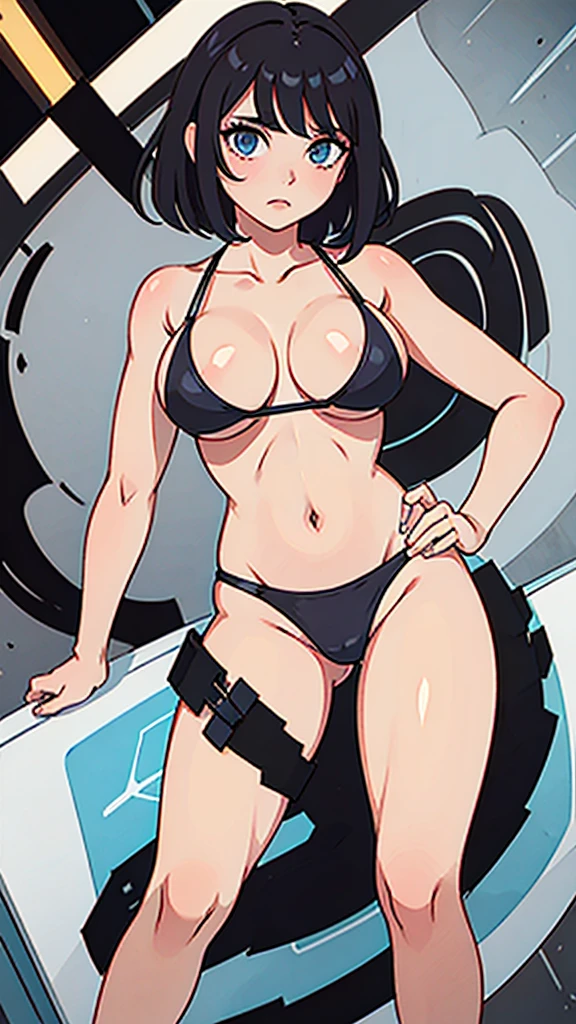Black-haired, blue-eyed, large-breasted woman wearing a bikini