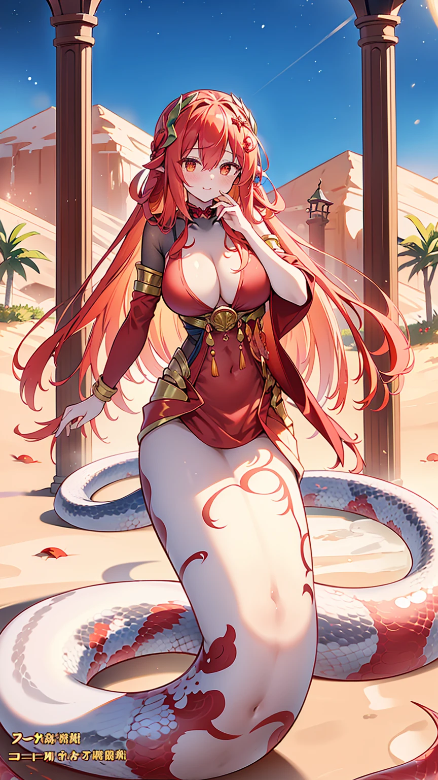 masterpiece, best quality,A girl,Lamia,Large Breasts,Red snake tail,Red long hair,Golden Eyes,Headdress,charming脸,Oval face(Kawaii, charming,Soft)