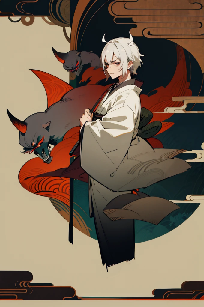 Kimono, male, Edo Period, Japanese Background, Demon, Grey hair