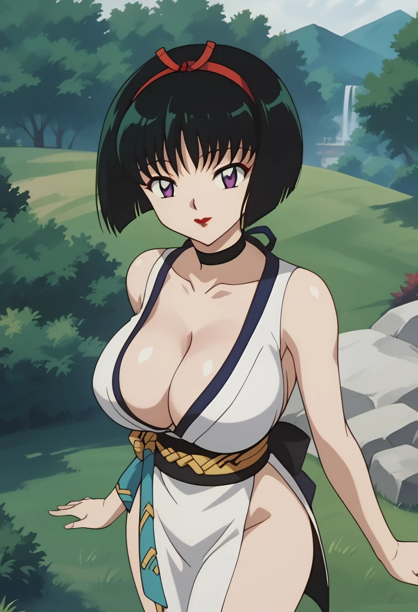 score_9, score_8_up, score_7_up, source_anime, best quality, masterpiece, rating_explicit, uncensored, 1990s (style), anime screencap, megami magazine, BREAK, SAKASAGAMINOYURA, 1GIRL, huge breasts, cleavage, BLACK HAIR, HAIR BAND, BOB_CUT, PURPLE EYES, CHOKER, SLEEVELESS, SHORT KIMONO, pelvic curtain, red lip, outdoors, looking at viewer, smile