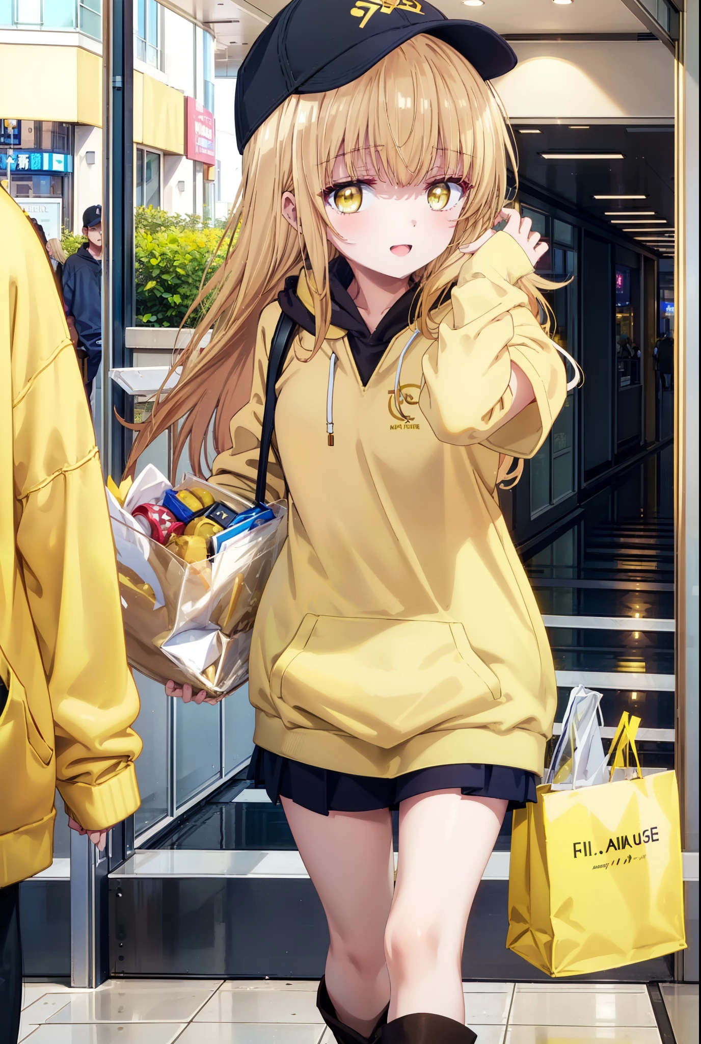 mahirushiina, Mahiru Shiina, bangs, Blonde, Brown Hair, (Yellow Eyes:1.3), happy smile, smile, Open your mouth,Open your mouth,Baseball cap,Oversized yellow hoodie,Short sleeve,mini skirt,black tights,short boots,Walking,Clear skies,Daytime,
break indoors,Shopping mall,
break looking at viewer, whole body,
break (masterpiece:1.2), Highest quality, High resolution, unity 8k wallpaper, (shape:0.8), (Fine and beautiful eyes:1.6), Highly detailed face, Perfect lighting, Highly detailed CG, (Perfect hands, Perfect Anatomy),