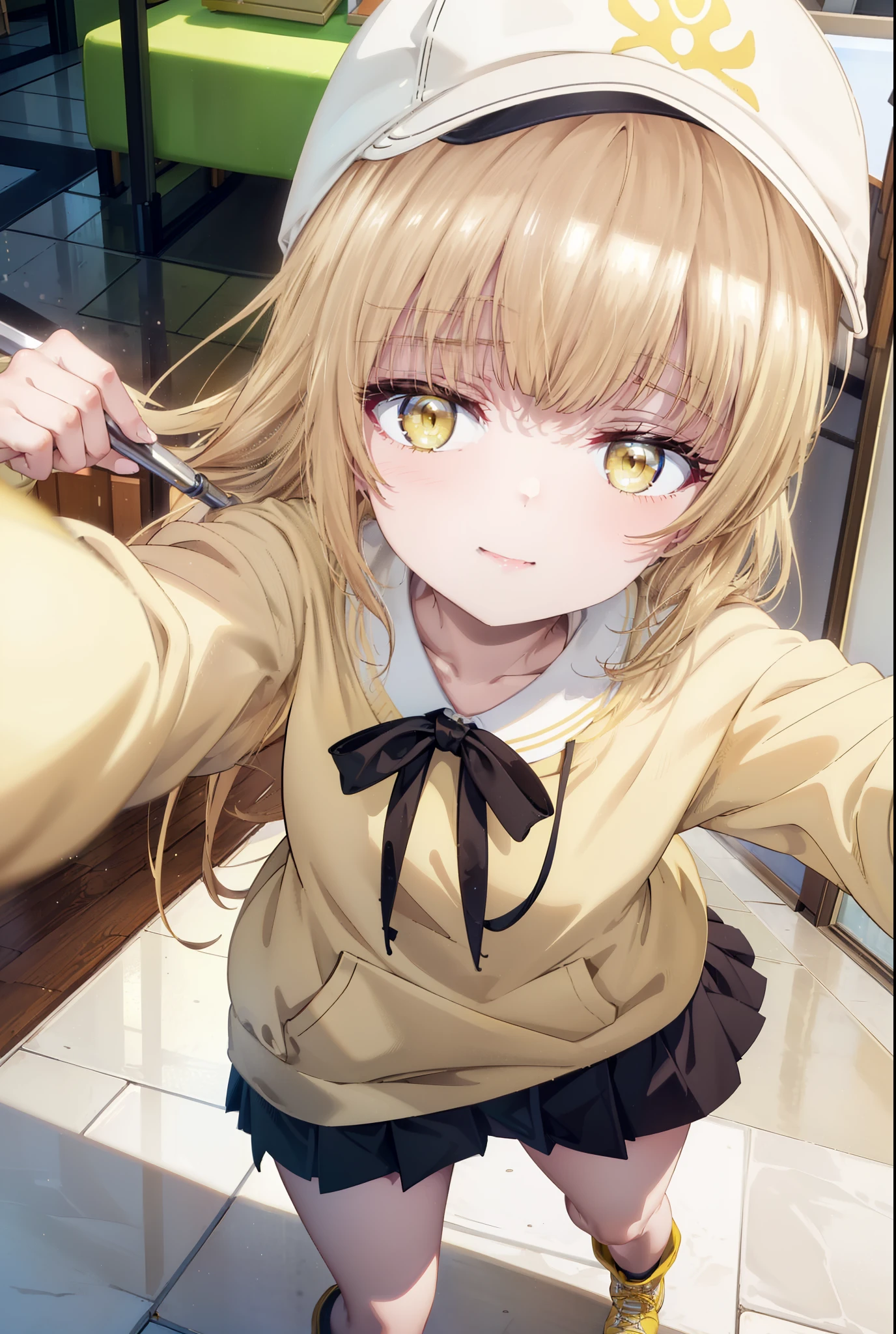 mahirushiina, Mahiru Shiina, bangs, Blonde, Brown Hair, (Yellow Eyes:1.3), happy smile, smile, Open your mouth,Open your mouth,Baseball cap,Oversized yellow hoodie,Short sleeve,mini skirt,black tights,short boots,Walking,Clear skies,Daytime,
break indoors,Shopping mall,
break looking at viewer, whole body,
break (masterpiece:1.2), Highest quality, High resolution, unity 8k wallpaper, (shape:0.8), (Fine and beautiful eyes:1.6), Highly detailed face, Perfect lighting, Highly detailed CG, (Perfect hands, Perfect Anatomy),