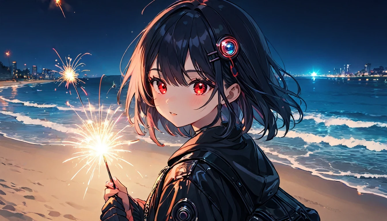 Sparklerをする男女、teenager、cyber punk、Red eyes、Glowing Eyes、Beach、Sparkler